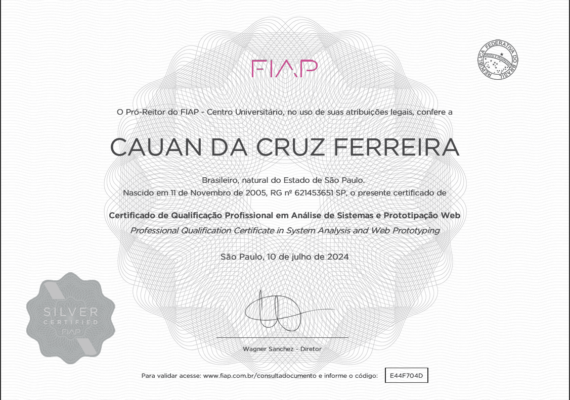 Certificado de Qualificação Profissional em Análise de Sistemas e Prototipação Web